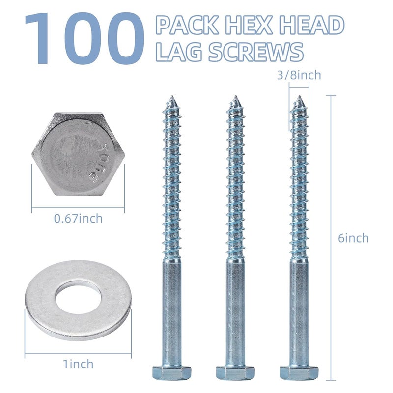 AiVeUao 100 Pack Wood Lag Screws, 3/8" x 6" Hex Head Lag Bolts, Heavy Duty Hex Head Lag Screws, Wood Screw with Washers - Image 2